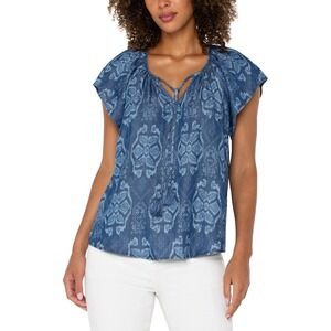 Liverpool Woven Top with‎ Front Tie Medium Blue/Tribal New With Tags